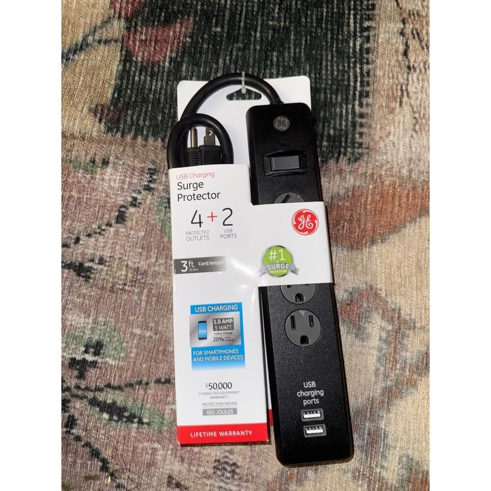 GE 4-Outlet USB charger surge protector new 3 feet